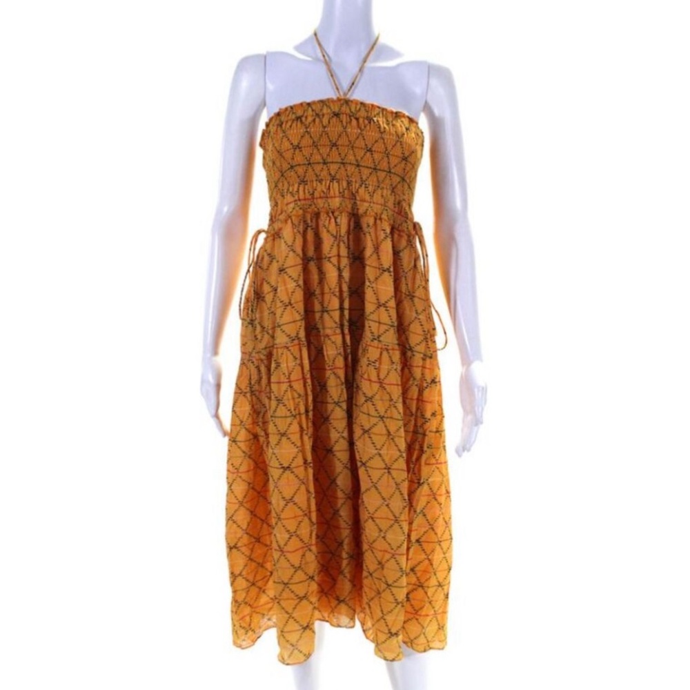 Apiece Apart Womens Smocked Halter Argyle Striped Midi Dress Orange Multi 10